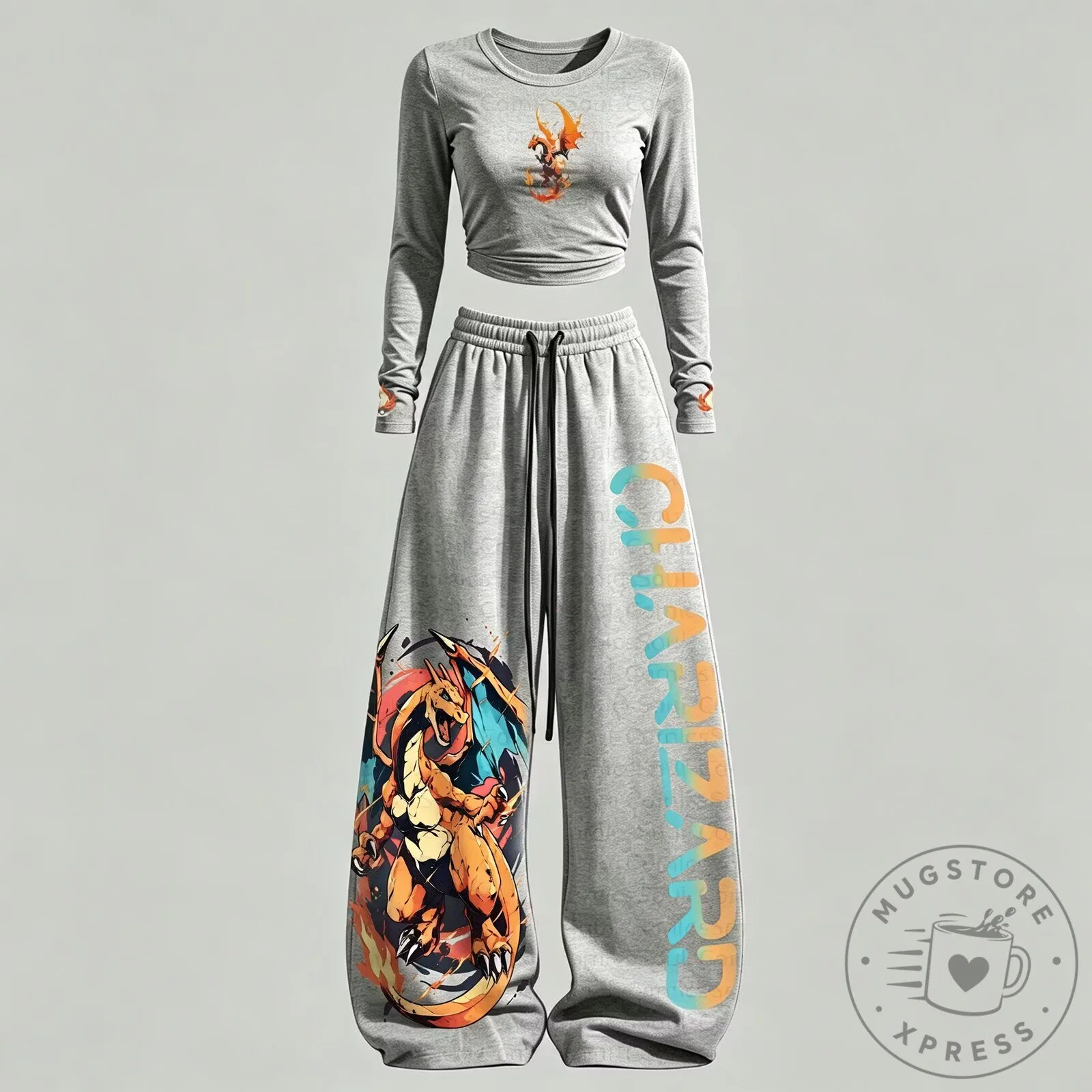 Pokemon Charizard Long Sleeve Crop Top and Wide Leg Sweatpants Set
