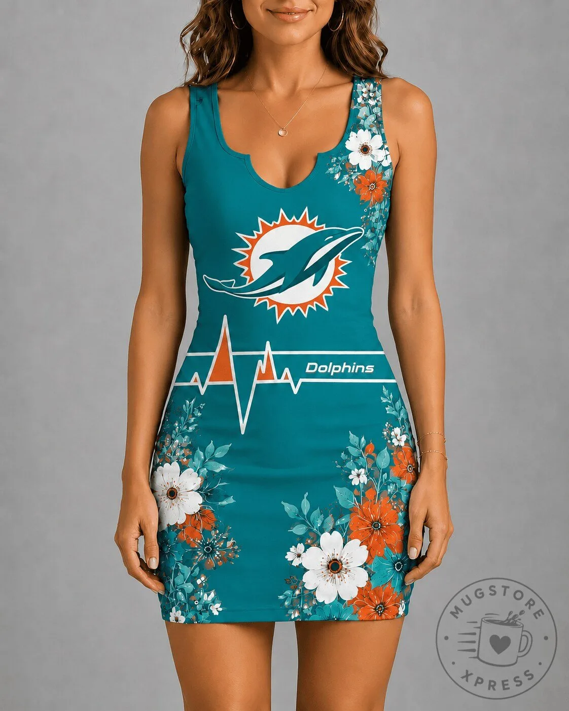 Miami Dolphins NFL Football Team Floral Print Sleeveless Mini Dress 1 Miami Dolphins NFL Football Team Floral Print Sleeveless Mini Dress