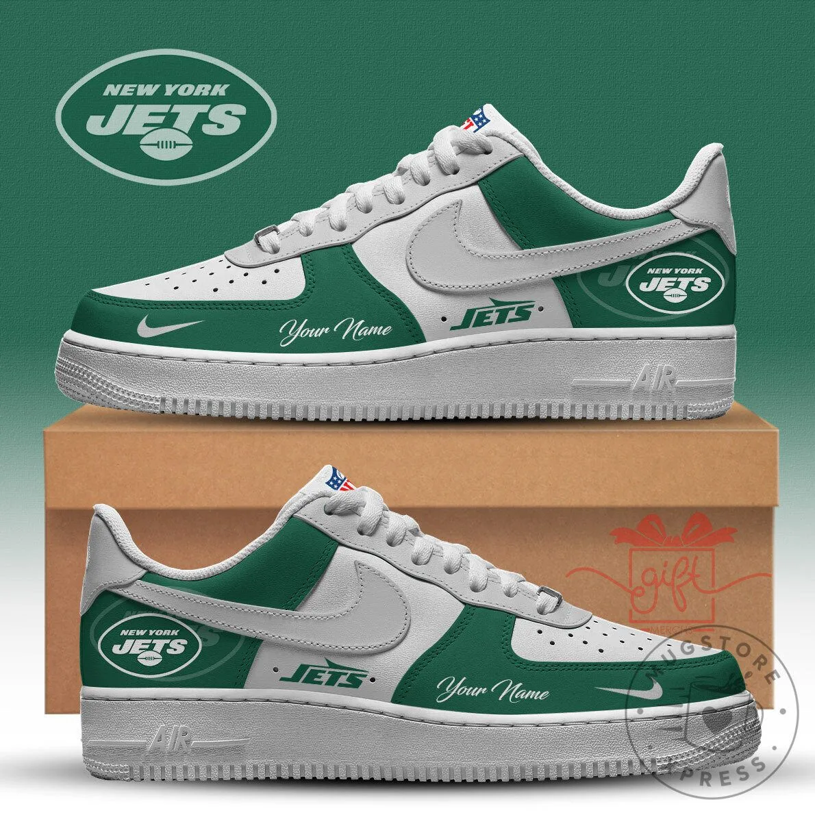 New York Jets Custom Name White and Green Low Top Sneakers