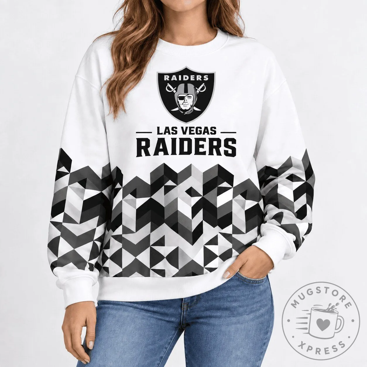 Las Vegas Raiders Geometric Chevron Pattern White Crewneck Sweatshirt