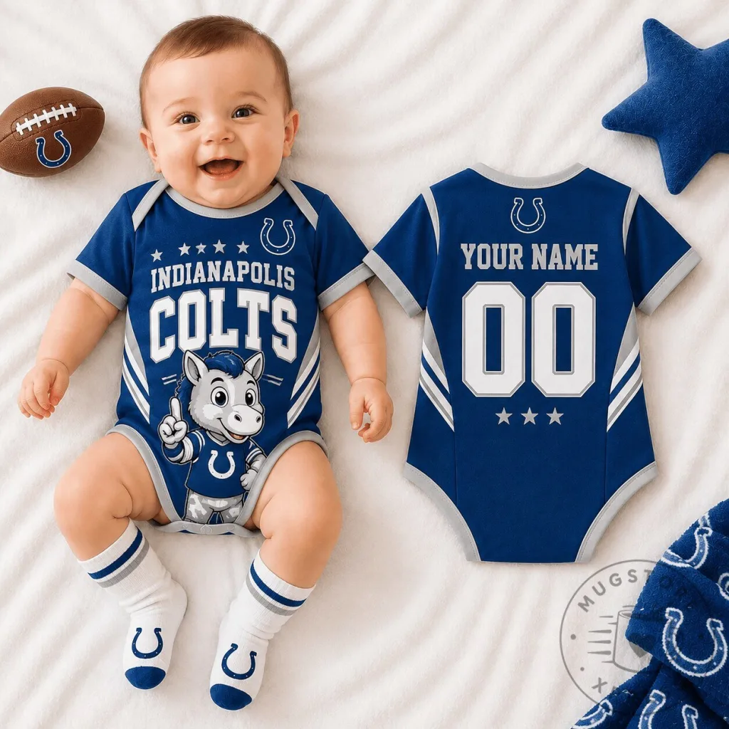 Indianapolis Colts Blue Baby Romper Custom Name and Number Infant Bodysuit