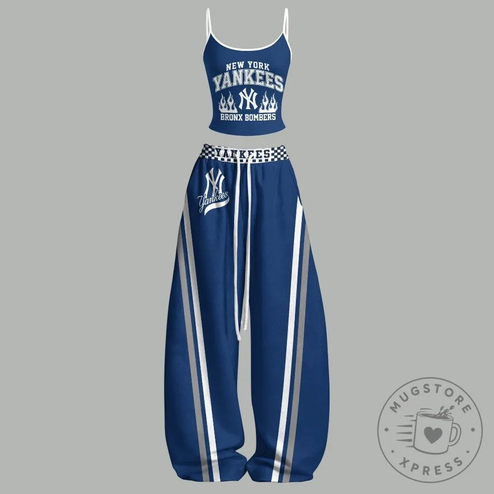Cropped Cami Top and Wide Leg Pants Set featuring New York Yankees Bronx Bombers