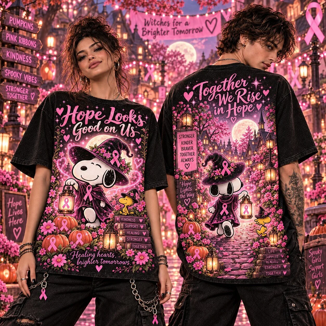 Snoopy Witch Hope Looks Good On Us Breast Cancer Awareness T-Shirt