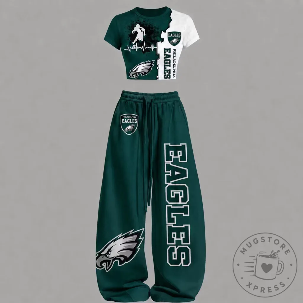 Philadelphia Eagles Football Team Crop Top T-Shirt and Sweatpants Set