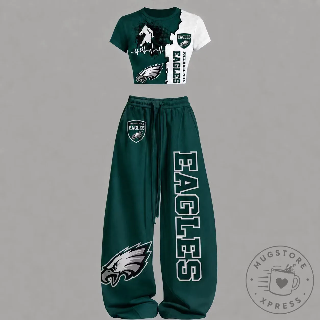 Philadelphia Eagles Football Team Crop Top T-Shirt and Sweatpants Set