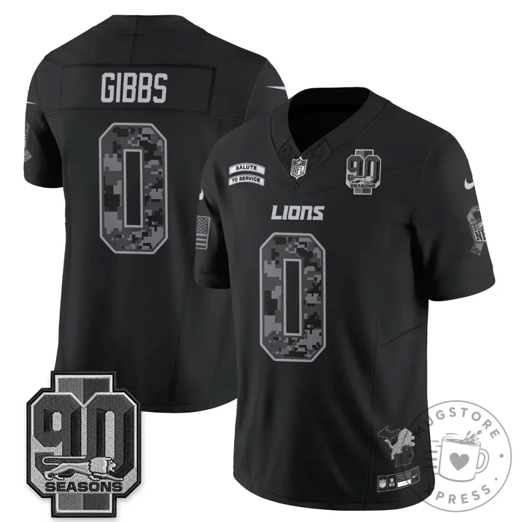 Detroit Lions Jahmyr Gibbs Salute to Service Black Football Jersey Detroit Lions Jahmyr Gibbs Salute to Service Black Football Jersey