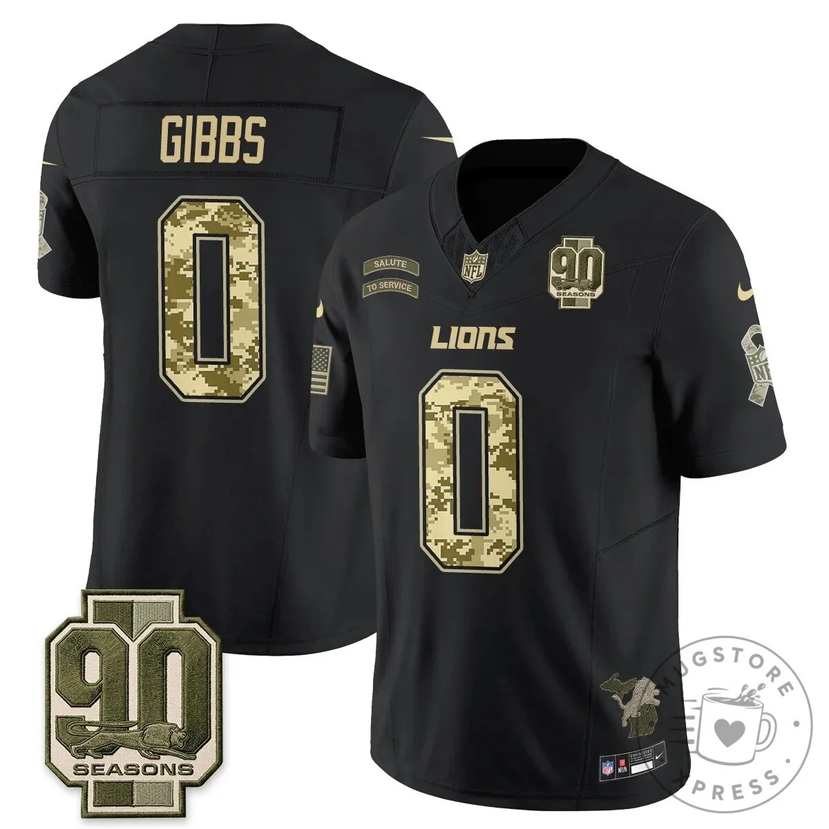Detroit Lions Jahmyr Gibbs Salute to Service Black Football Jersey 59 Detroit Lions Jahmyr Gibbs Salute to Service Black Football Jersey
