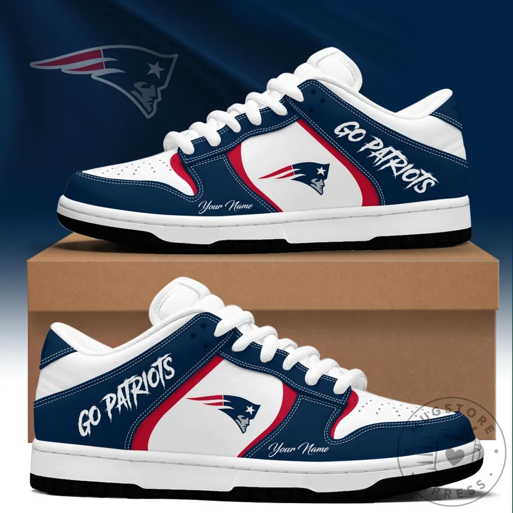 New England Patriots Go Patriots Custom Name White Blue Red Sneakers