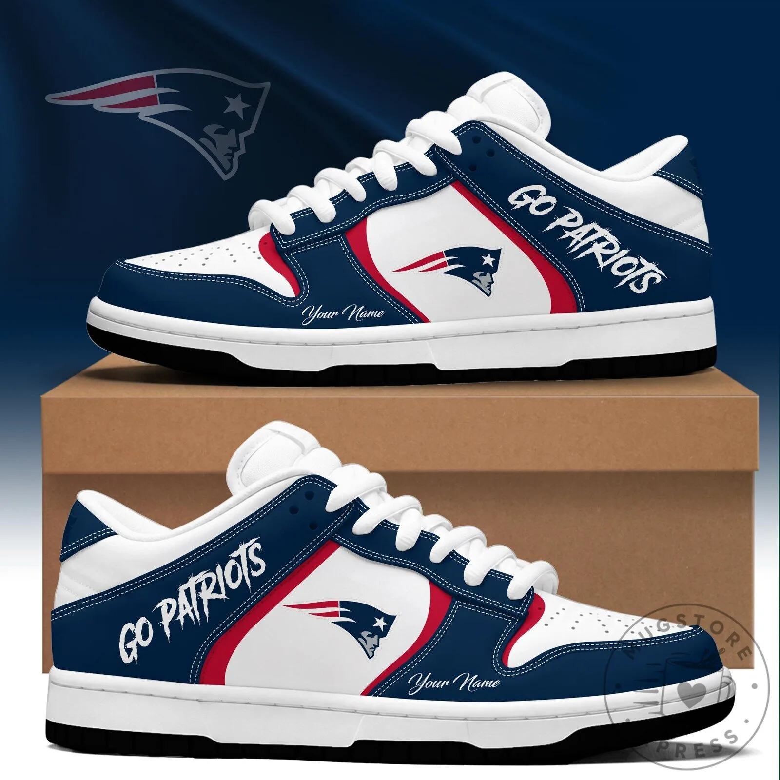 New England Patriots Go Patriots Custom Name White Blue Red Sneakers