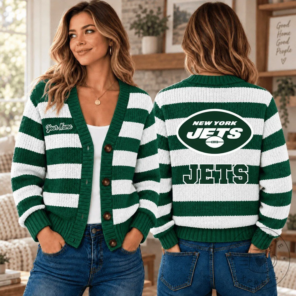 New York Jets Green and White Striped V-Neck Button-Up Knit Cardigan Sweater