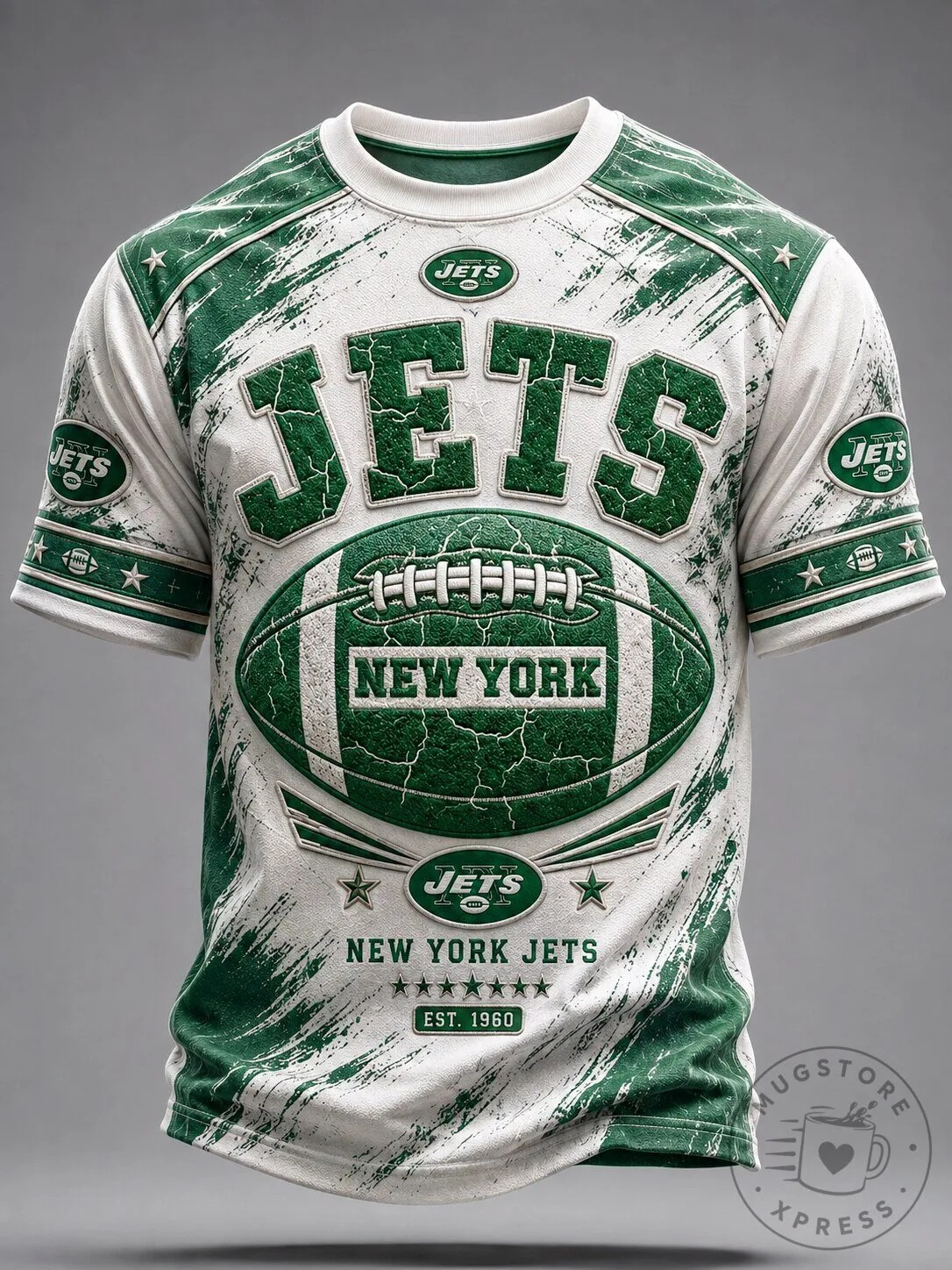 New York Jets Football Team Distressed White and Green Graphic T-Shirt