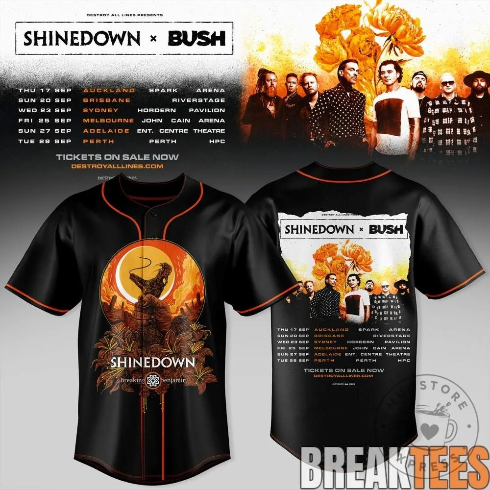 Shinedown and Bush Australia Tour Concert Baseball Jersey with Tour Dates