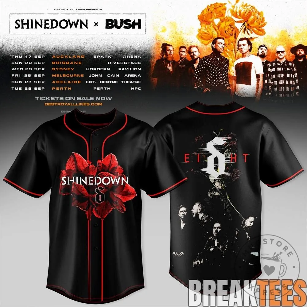 Shinedown and Bush Australia Tour Concert Baseball Jersey with Tour Dates 9 Shinedown and Bush Australia Tour Concert Baseball Jersey with Tour Dates