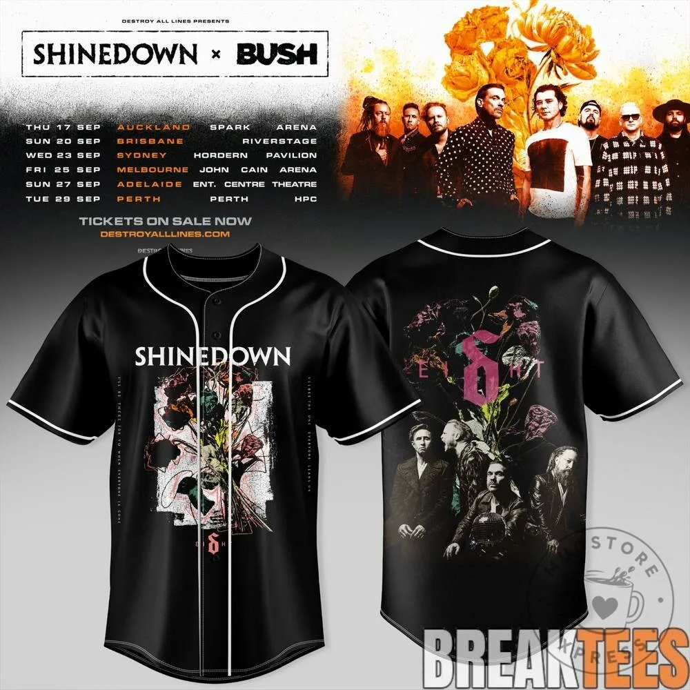 Shinedown and Bush Australia Tour Concert Baseball Jersey with Tour Dates 10 Shinedown and Bush Australia Tour Concert Baseball Jersey with Tour Dates