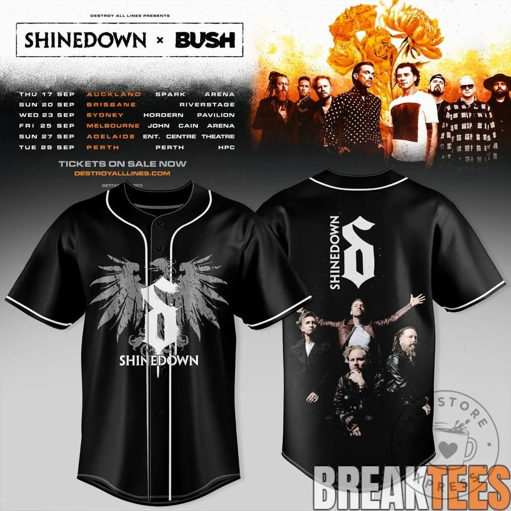 Shinedown and Bush Australia Tour Concert Baseball Jersey with Tour Dates 11 Shinedown and Bush Australia Tour Concert Baseball Jersey with Tour Dates