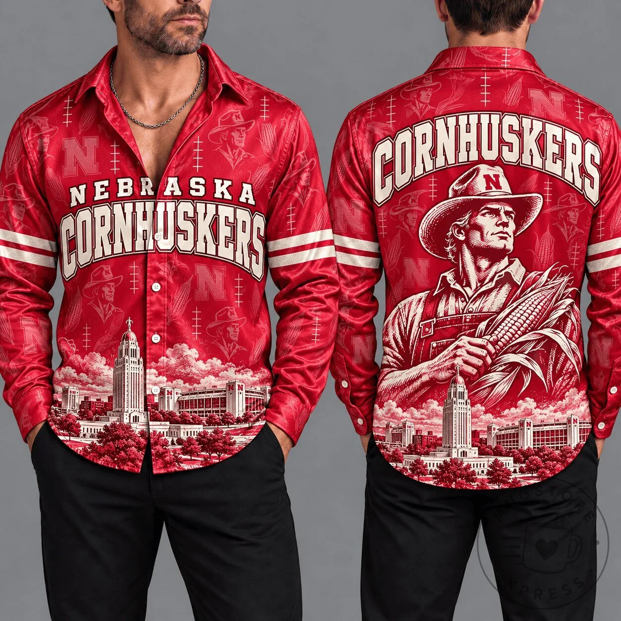 Nebraska Cornhuskers Football Team Red Long-Sleeve Button-Up Shirt