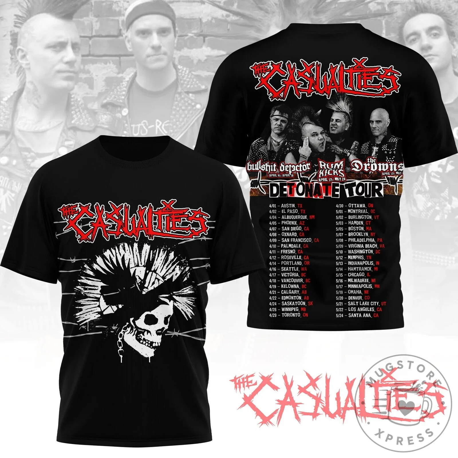 The Casualties Detonate Tour Punk Rock Band Skull T-Shirt