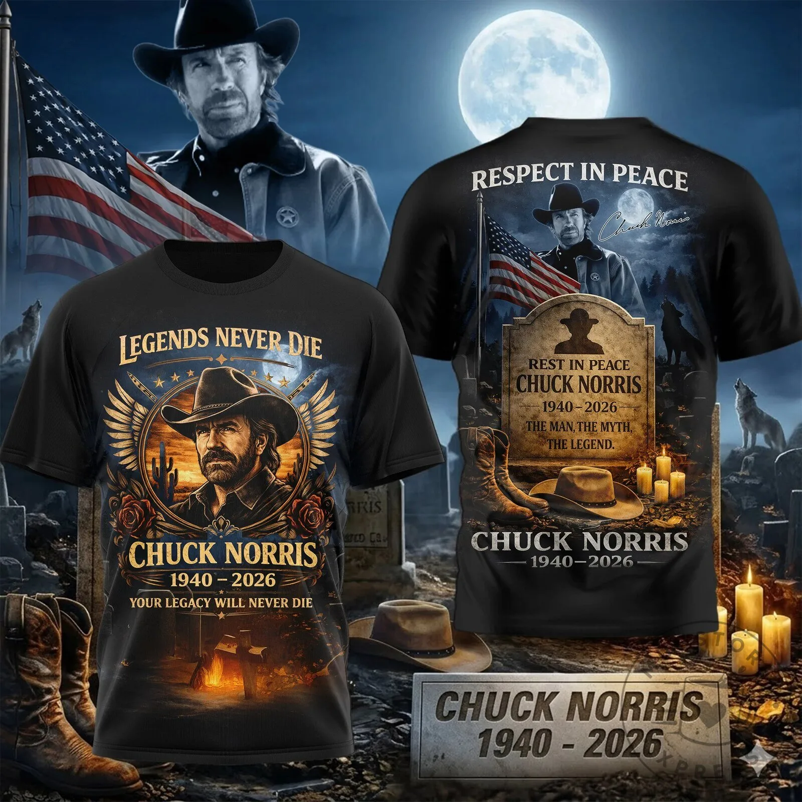 In Memory of Legend Chuck Norris: The Way of the Dragon Pop! 5 Chuck Norris Moonlit Flag Tribute T-Shirt