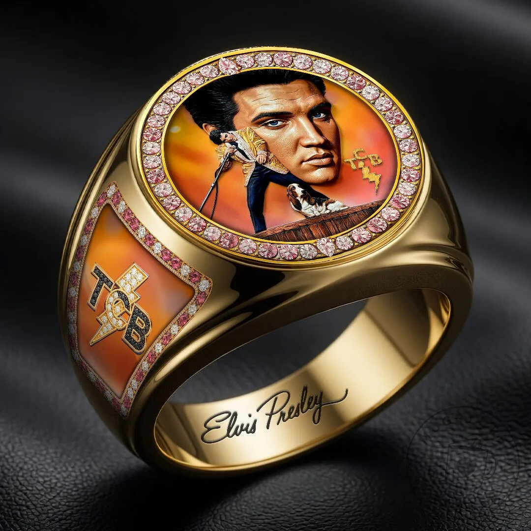 Elvis Presley Taking Care of Business Gold Ring with Pink Gemstones 1 Elvis Presley Taking Care of Business Gold Ring with Pink Gemstones