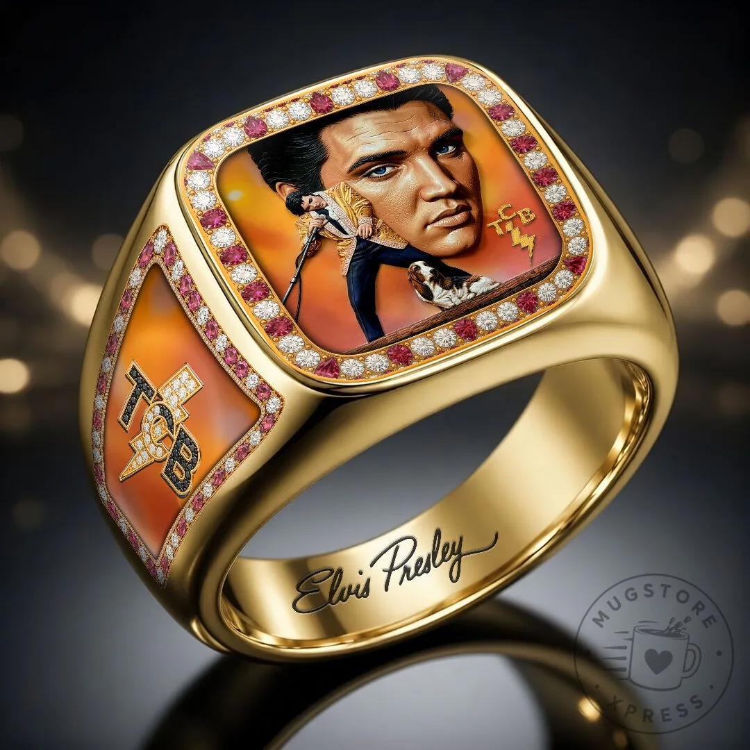 Elvis Presley Taking Care of Business Gold Ring with Pink Gemstones 9 Elvis Presley Taking Care of Business Gold Ring with Pink Gemstones
