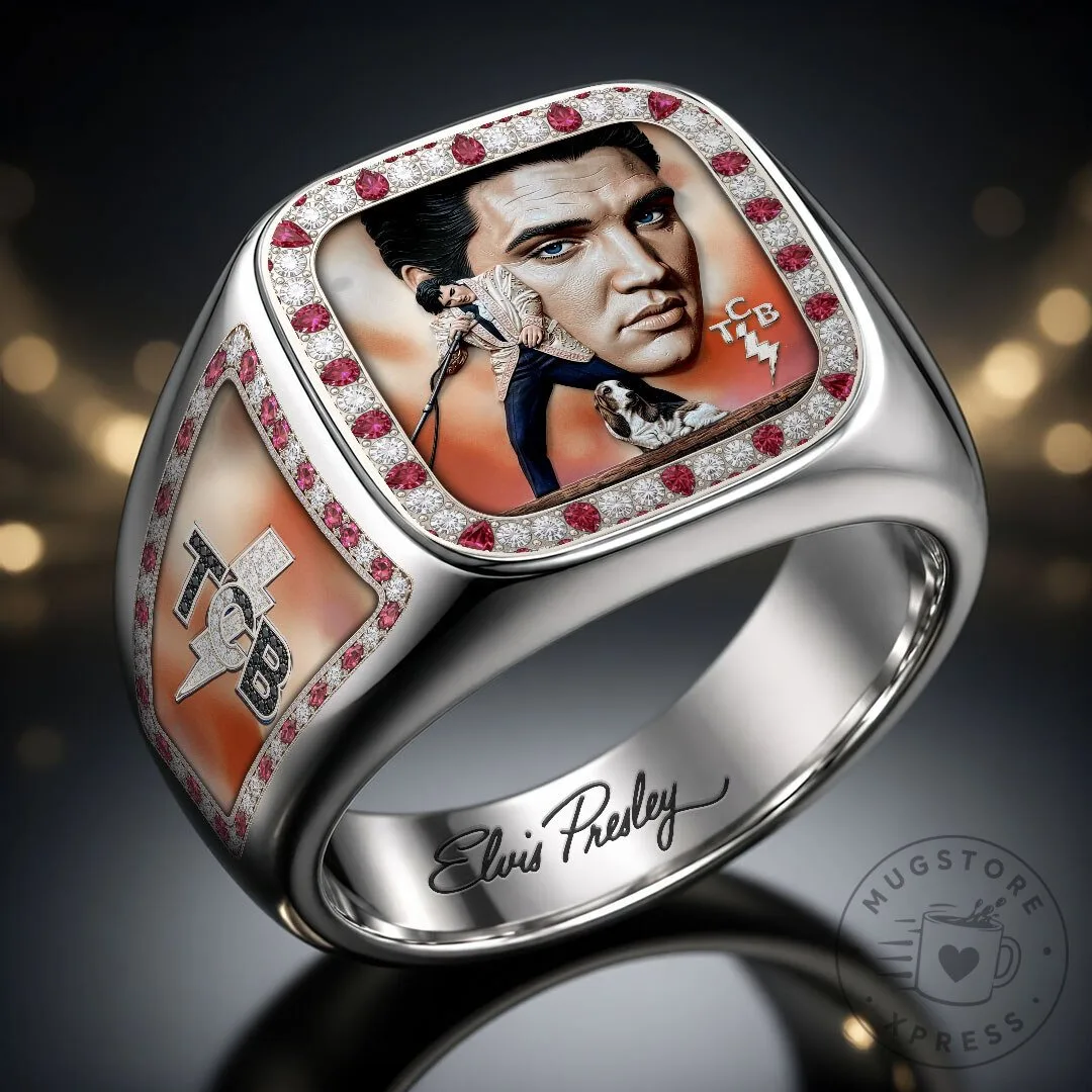 Elvis Presley Taking Care of Business Gold Ring with Pink Gemstones 10 Elvis Presley Taking Care of Business Gold Ring with Pink Gemstones