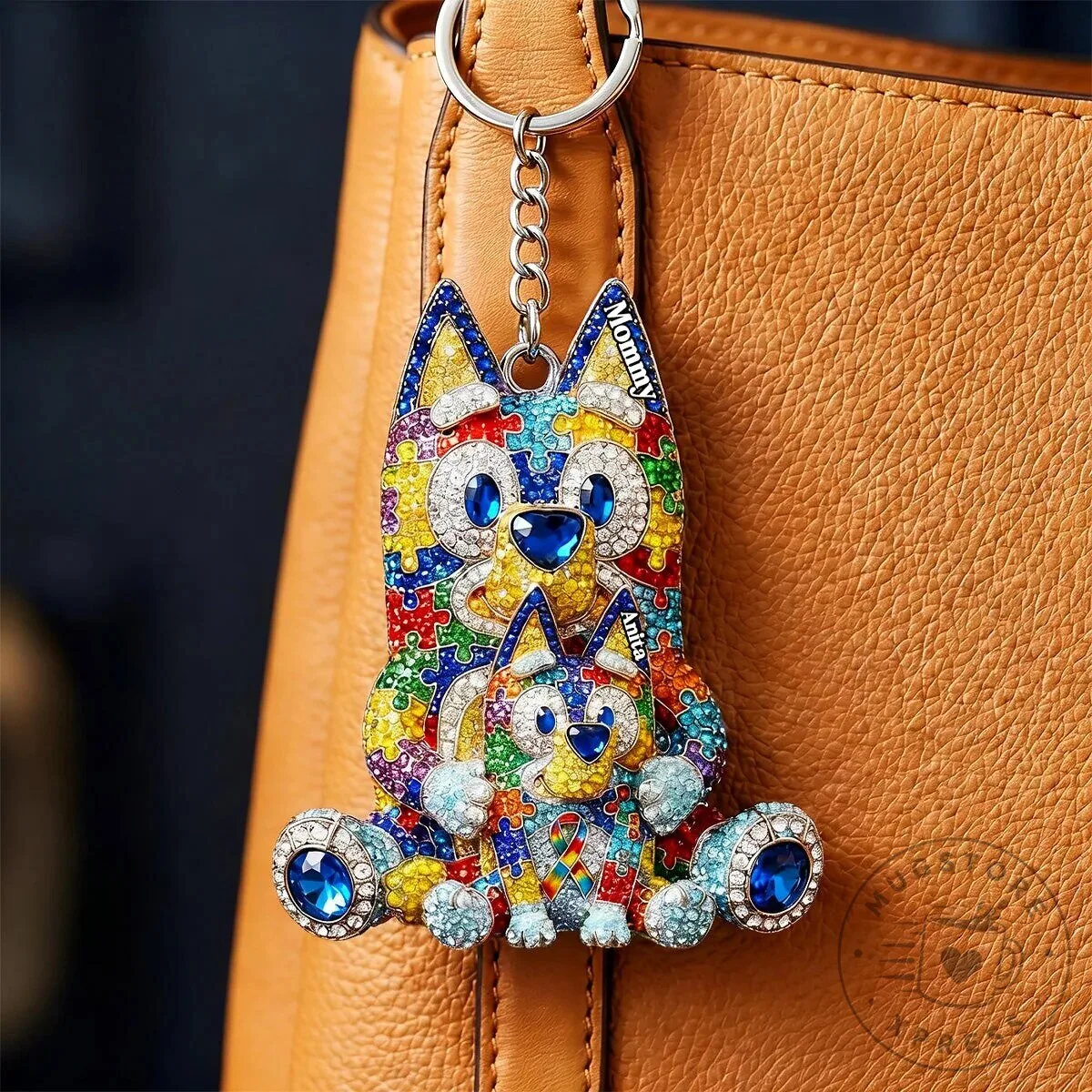 Bluey and Bingo Autism Awareness Rhinestone Keychain