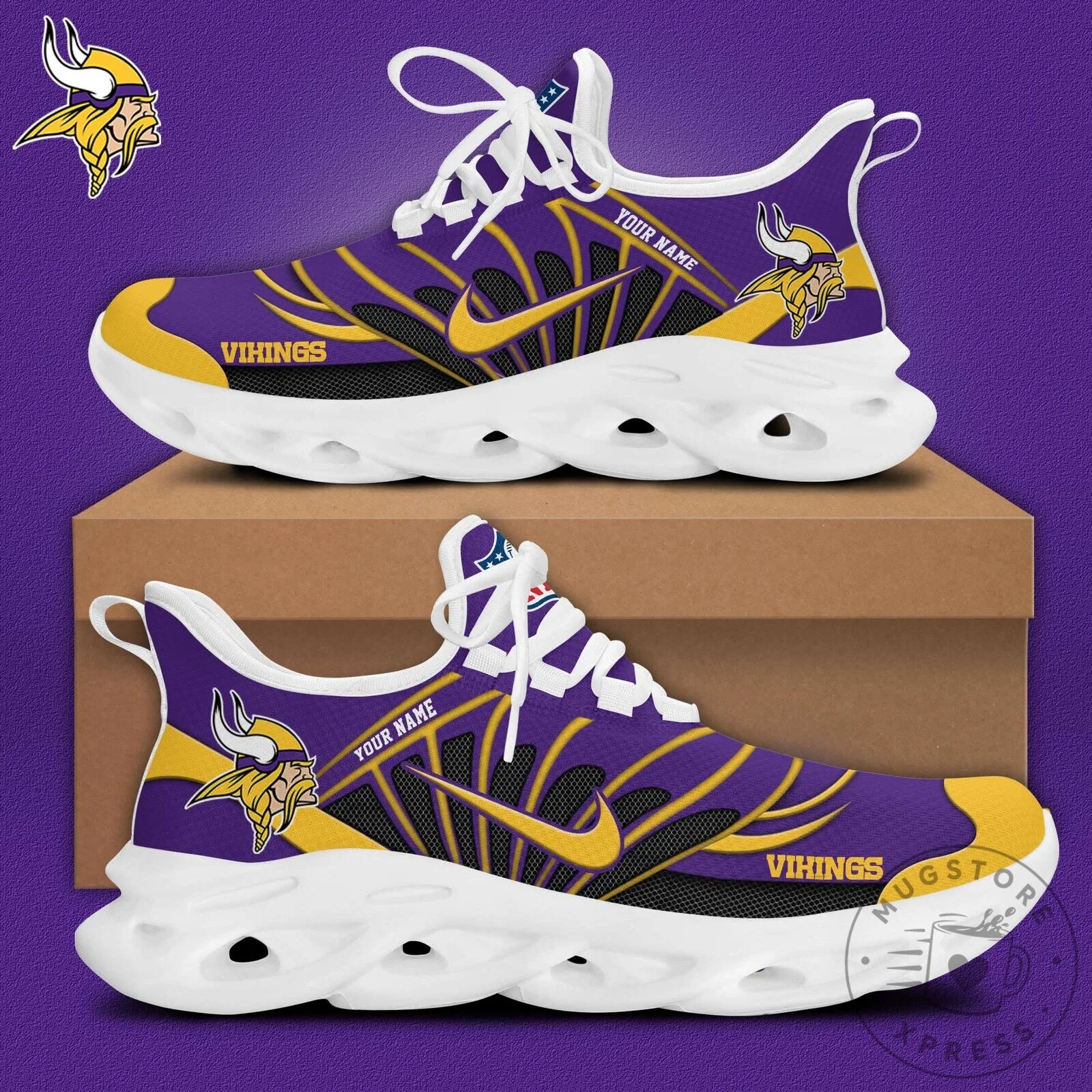 Minnesota Vikings Team Logo Custom Name Purple Yellow Running Shoes