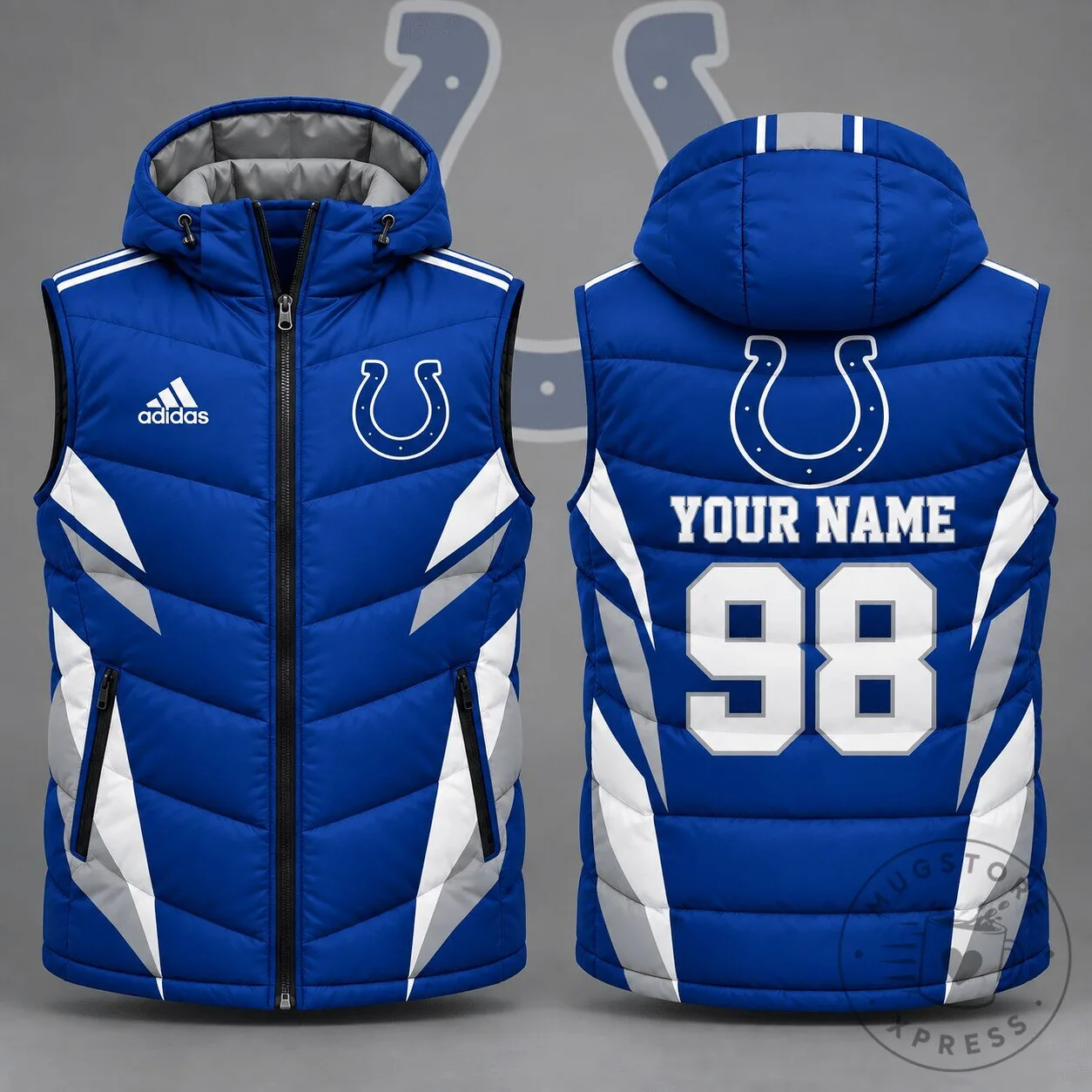 Indianapolis Colts Personalized Royal Blue Puffer Vest with Hood