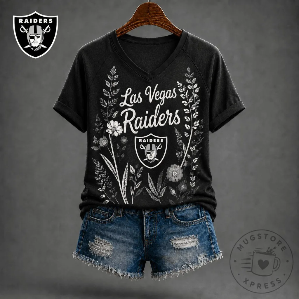 Las Vegas Raiders Floral Garden V-Neck Short Sleeve T-Shirt for Women Las Vegas Raiders Floral Garden V-Neck Short Sleeve T-Shirt for Women