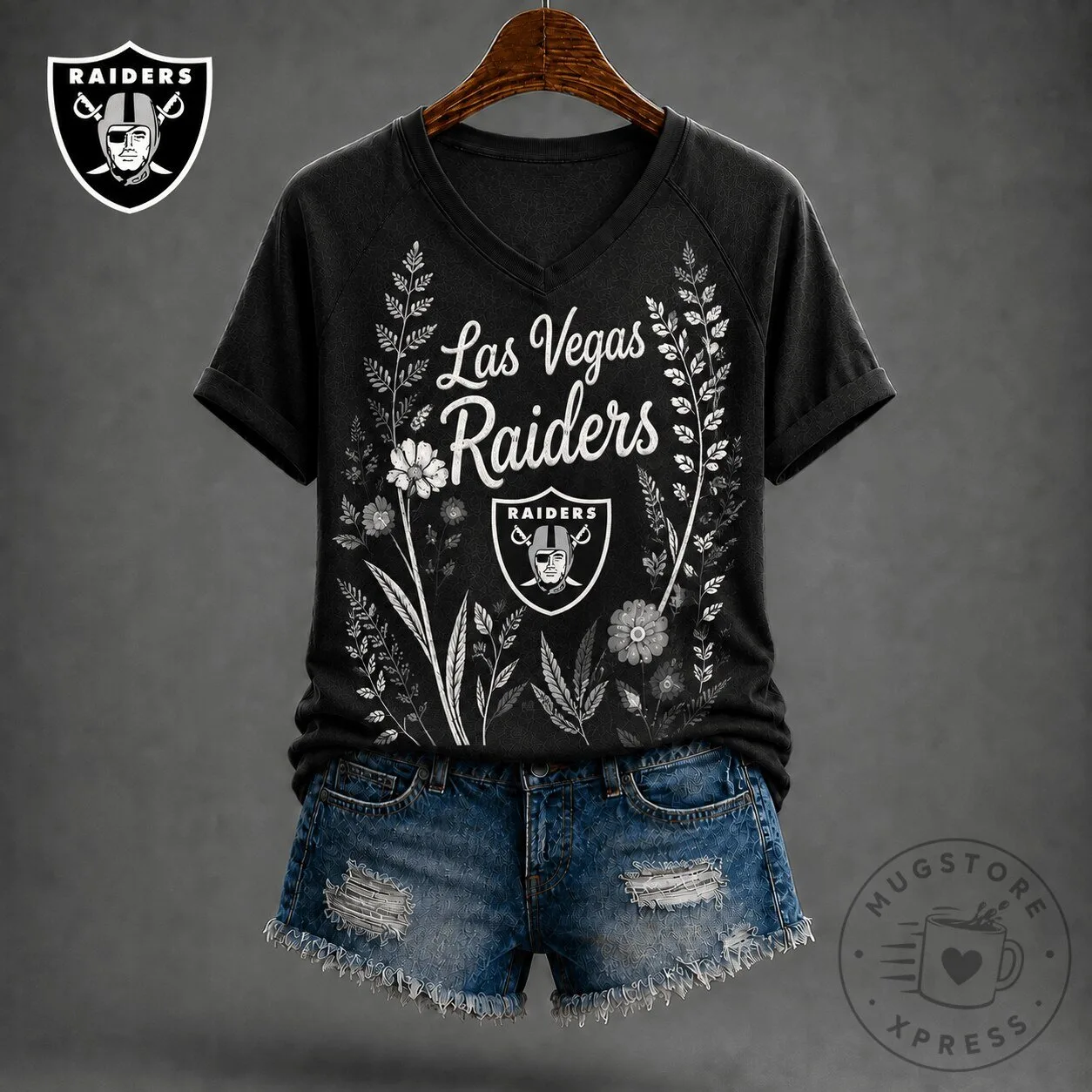 Las Vegas Raiders Floral Garden V-Neck Short Sleeve T-Shirt for Women