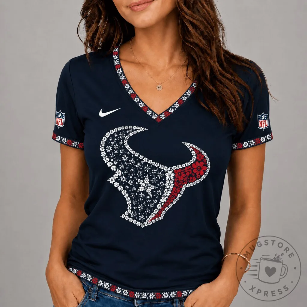 Houston Texans Floral Logo Women's Navy Blue V-Neck T-Shirt Houston Texans Floral Logo Women's Navy Blue V-Neck T-Shirt