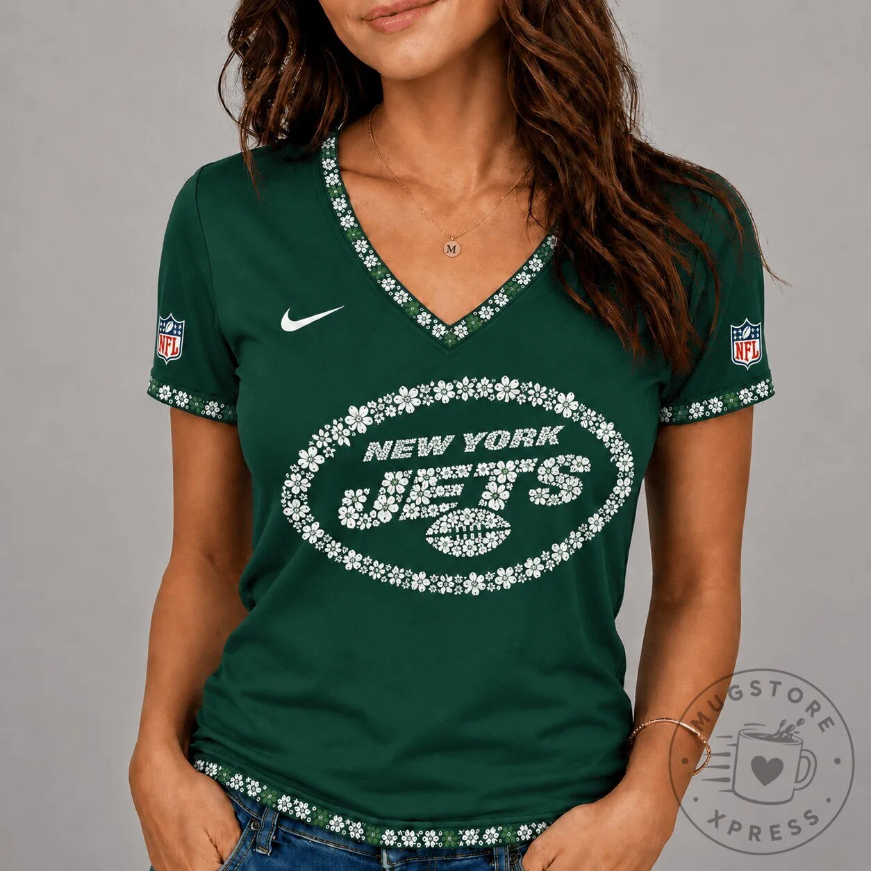 New York Jets NFL Flower Logo V-Neck Short Sleeve T-Shirt for Women 1 New York Jets NFL Flower Logo V-Neck Short Sleeve T-Shirt for Women