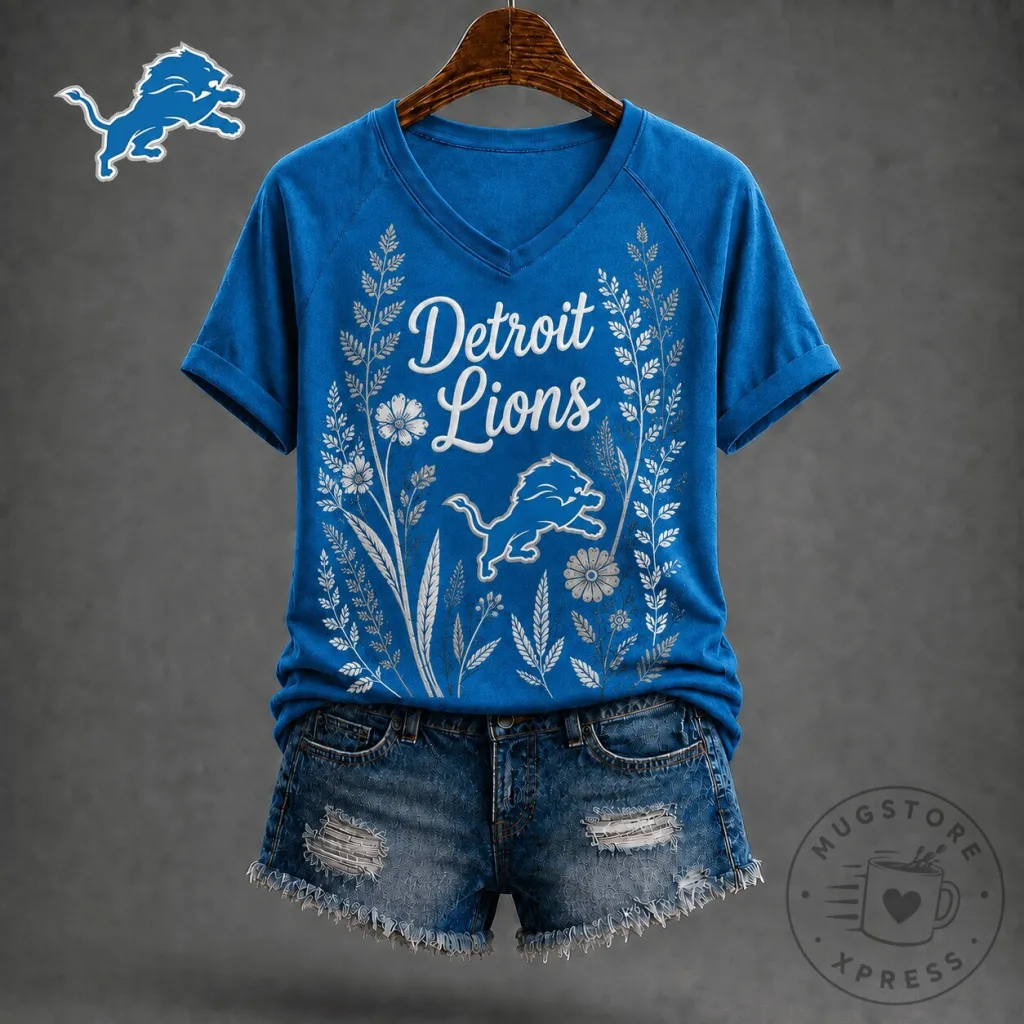 Detroit Lions Floral Garden V-Neck Short Sleeve T-Shirt for Women