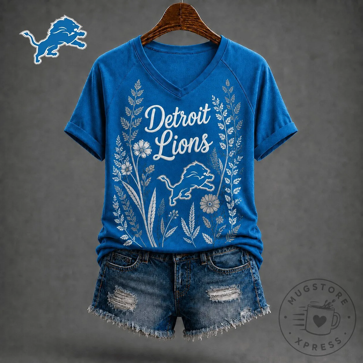 Detroit Lions Floral Garden V-Neck Short Sleeve T-Shirt for Women