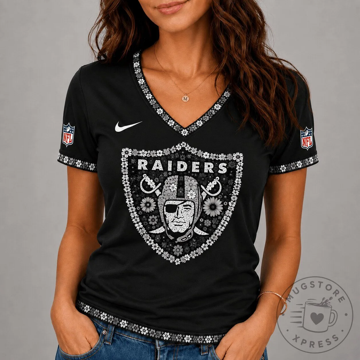 Las Vegas Raiders Floral Logo V-Neck Short Sleeve Women's T-Shirt