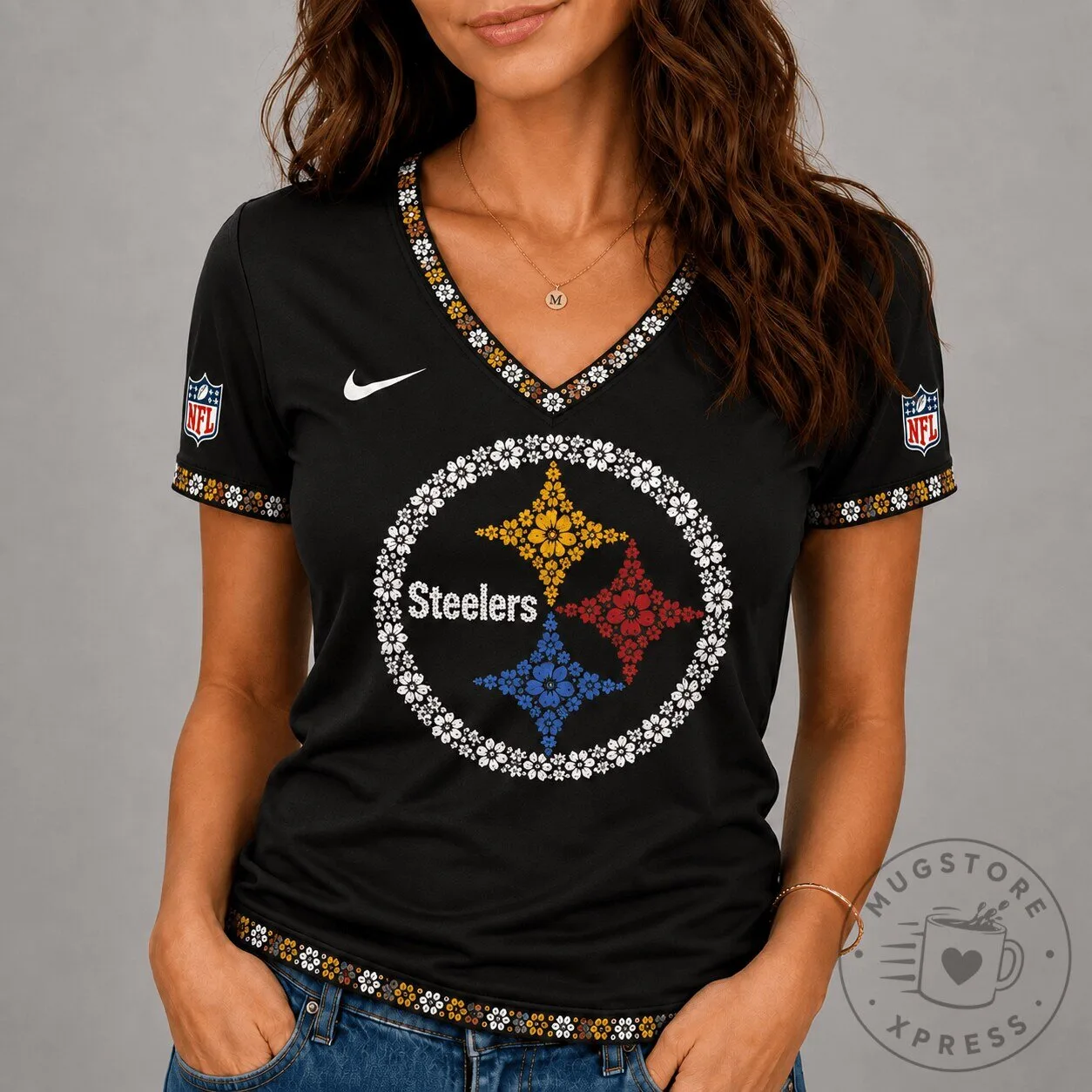 Pittsburgh Steelers Floral Logo V-Neck T-Shirt for Women