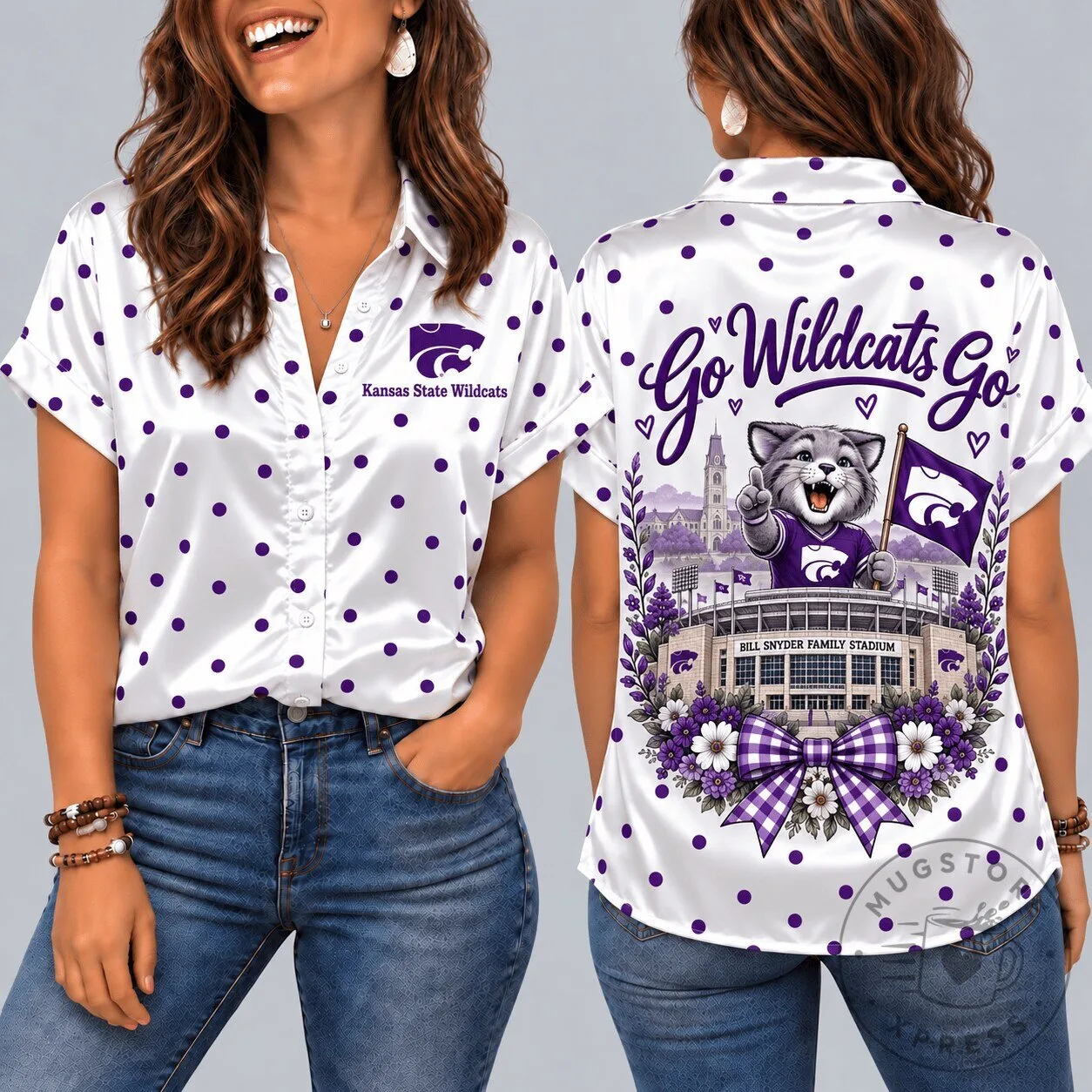 Kansas State Wildcats Mascot White Polka Dot Short Sleeve Button Down Shirt