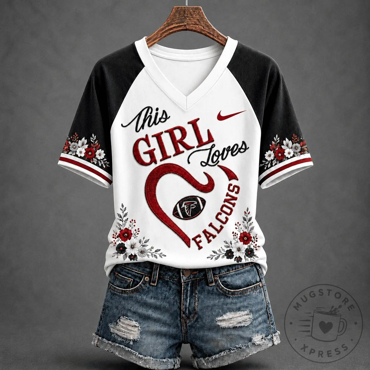 Atlanta Falcons This Girl Loves Football Floral V-Neck T-Shirt