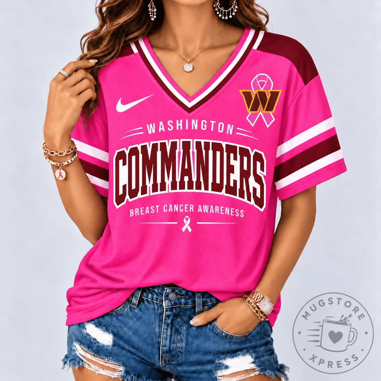 Washington Commanders Breast Cancer Awareness Pink V-Neck Football Jersey 2 Washington Commanders Breast Cancer Awareness Pink V-Neck Football Jersey