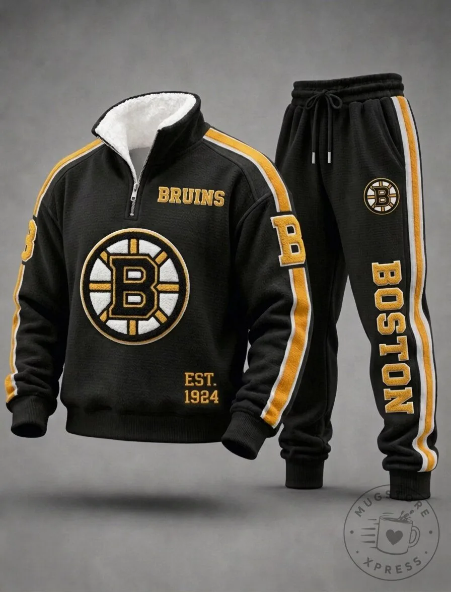 Boston Bruins Black and Gold Quarter-Zip Sweatshirt and Sweatpants Set 1 Boston Bruins Black and Gold Quarter-Zip Sweatshirt and Sweatpants Set