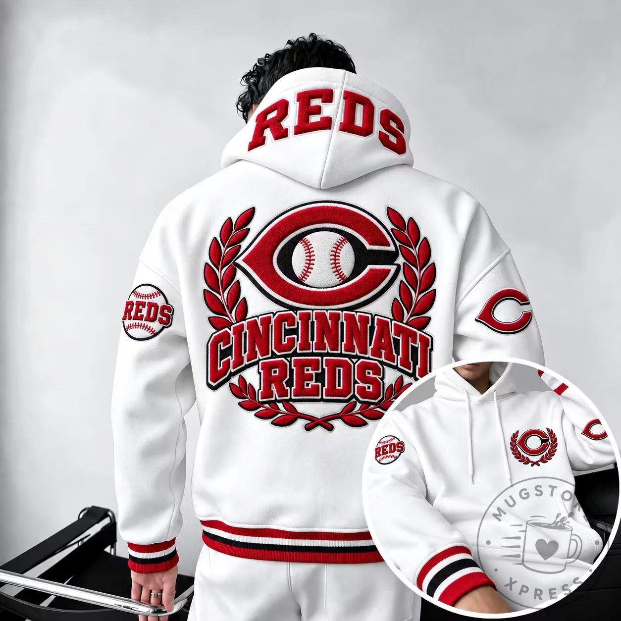 Cincinnati Reds Baseball Team Logo White Oversized Hoodie for Men and Women