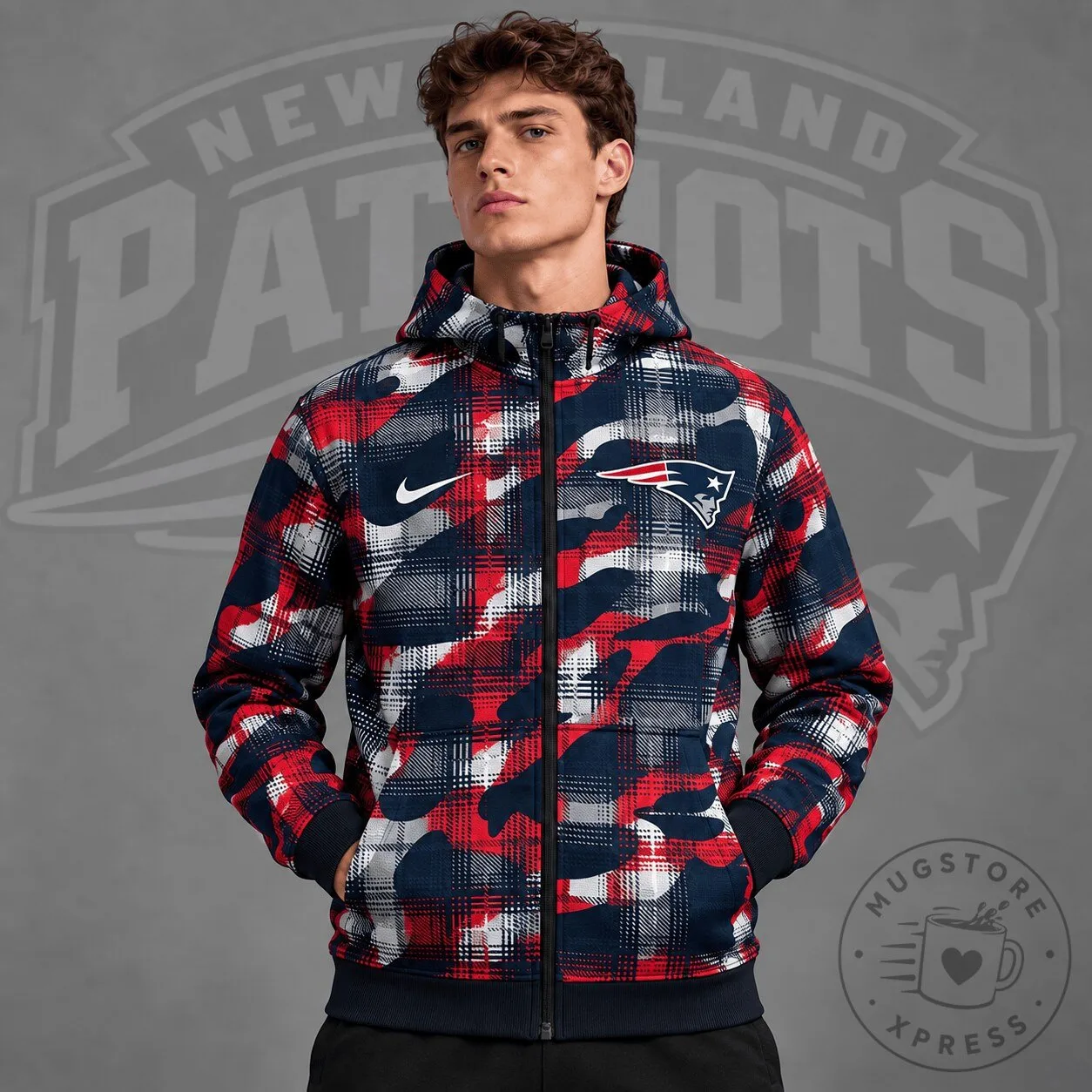 New England Patriots Plaid Camouflage Full Zip Hooded Jacket 2 New England Patriots Plaid Camouflage Full Zip Hooded Jacket