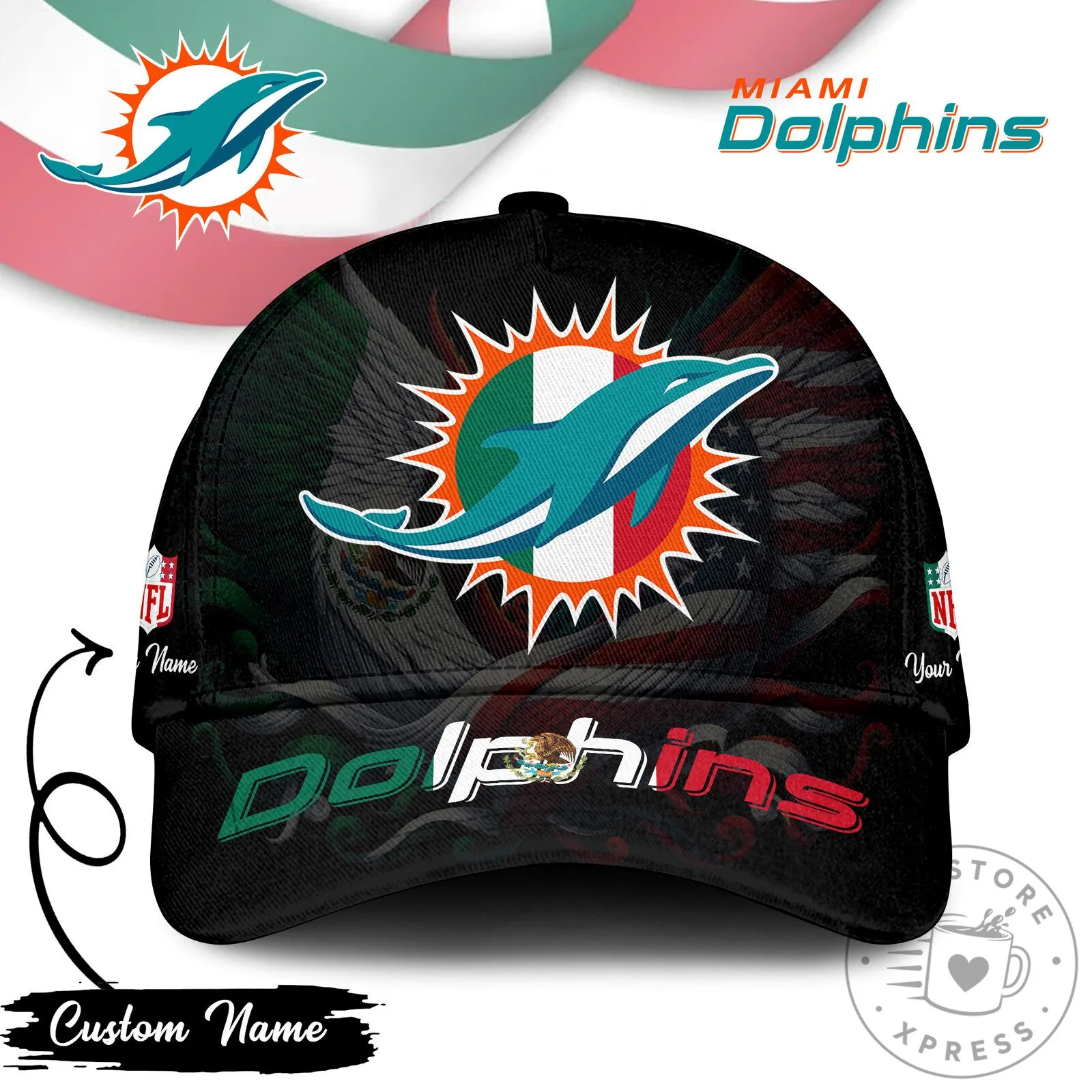 Miami Dolphins National Football League Mexican Flag Custom Name Cap Hat 2 Miami Dolphins National Football League Mexican Flag Custom Name Cap Hat
