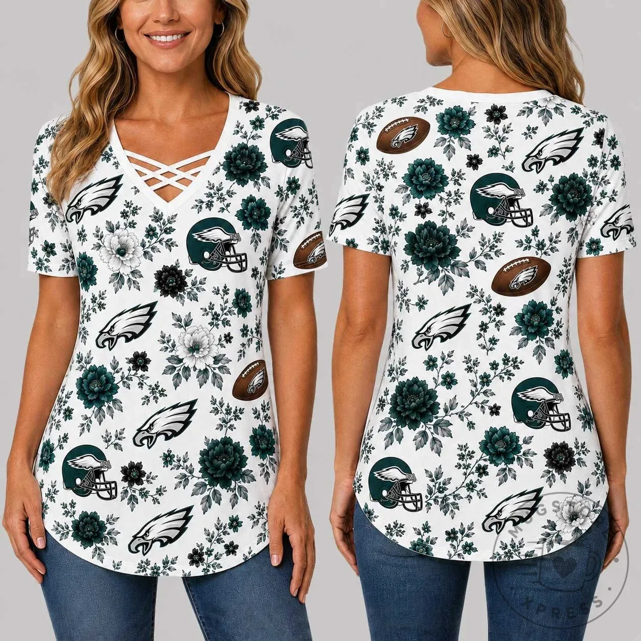 Philadelphia Eagles Fan Floral Criss Cross V-Neck Short Sleeve T-Shirt