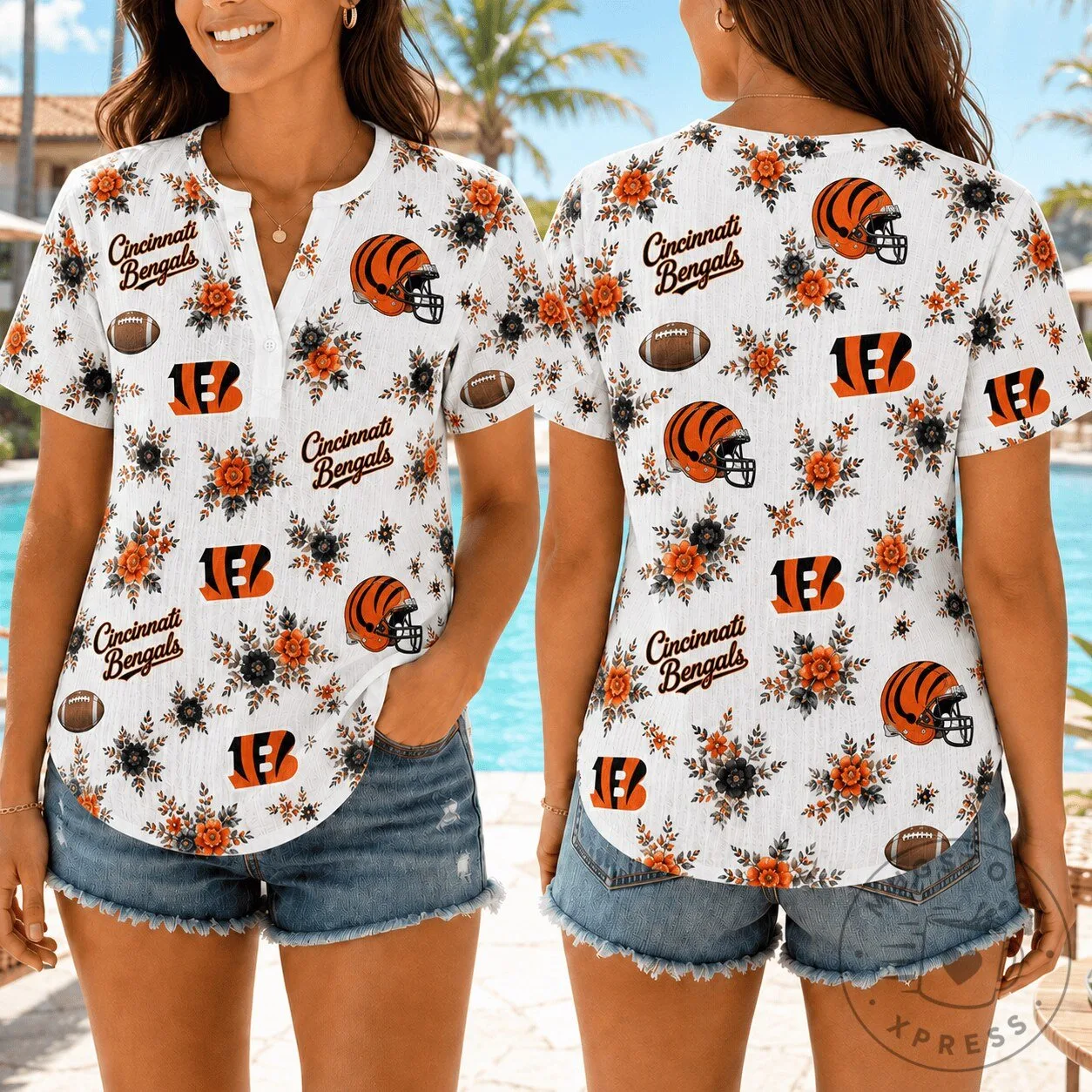 Cincinnati Bengals NFL Football Floral Print Women's Short Sleeve Shirt