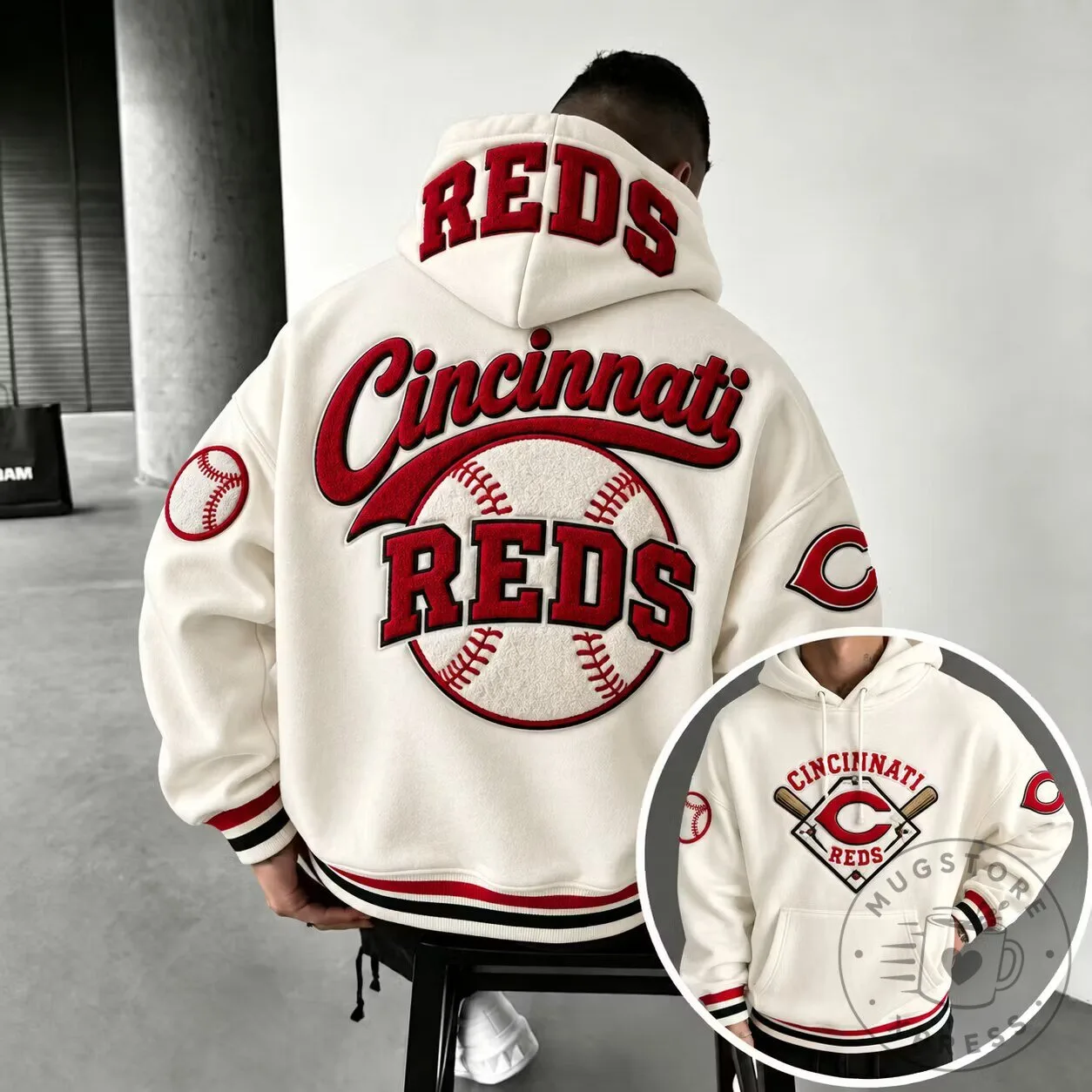 Cincinnati Reds Baseball Team Logo Embroidered Hoodie for Men and Women