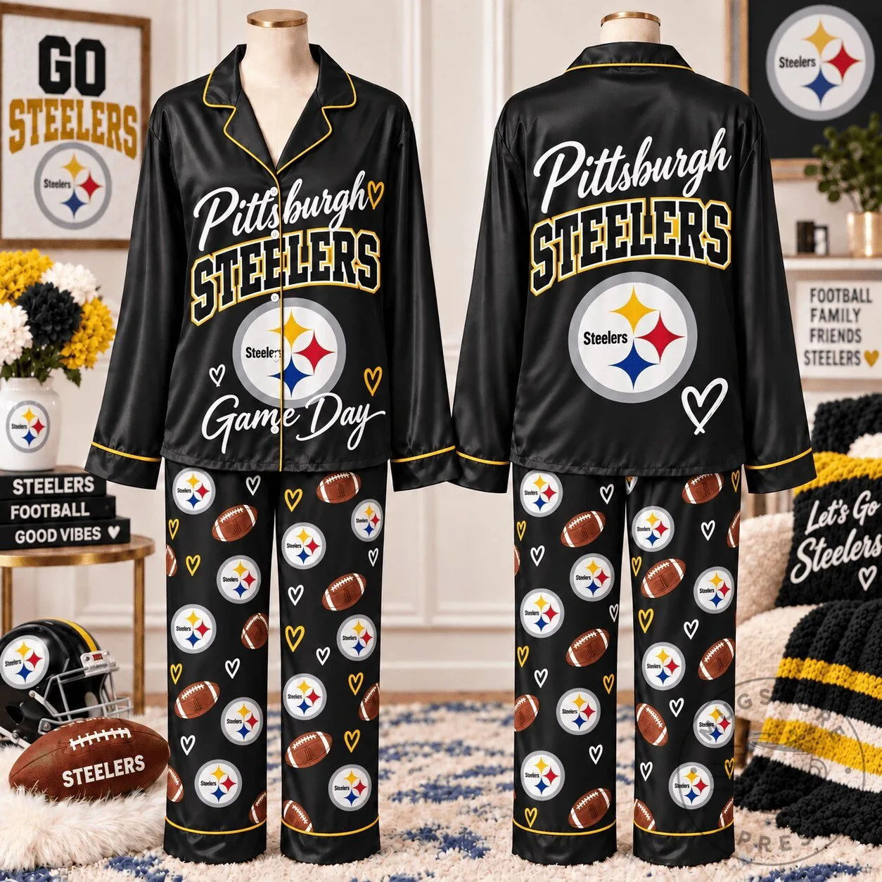 Pittsburgh Steelers Game Day Football Fan Pajamas Set for Women 2 Pittsburgh Steelers Game Day Football Fan Pajamas Set for Women
