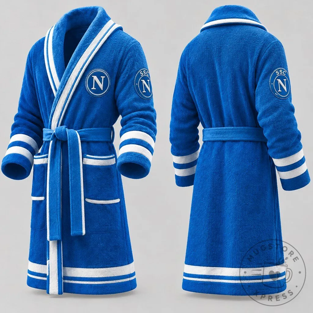 SSC Napoli Football Club Blue and White Striped Plush Bathrobe