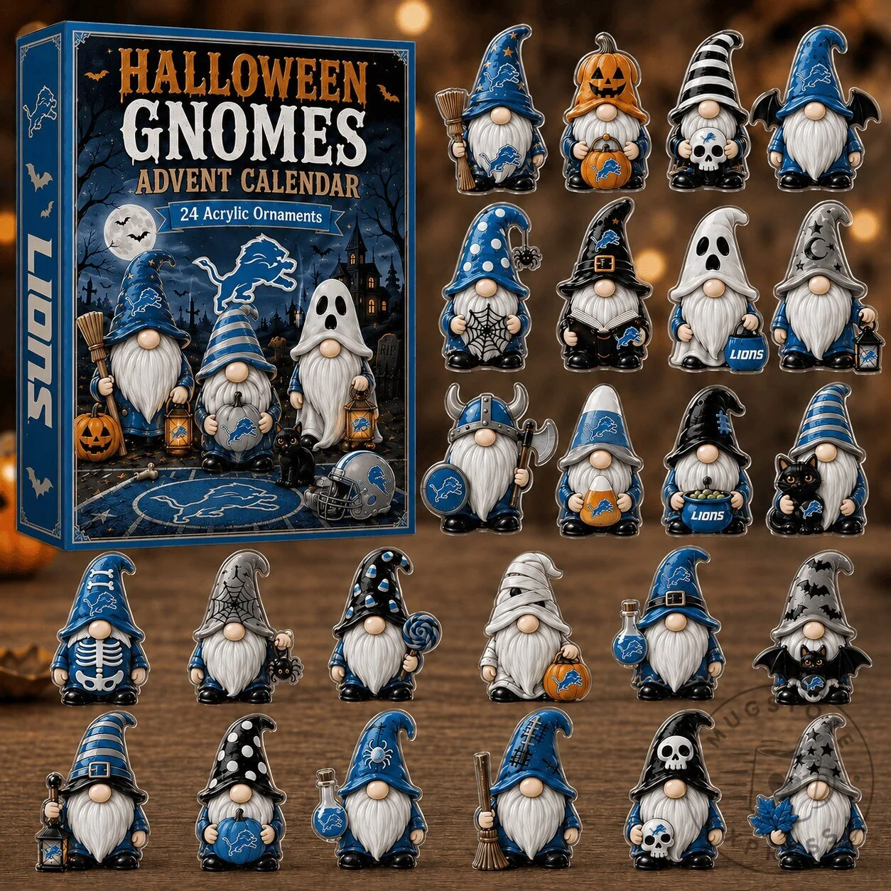 Detroit Lions Fan Halloween Gnomes Advent Calendar 24 Acrylic Ornaments