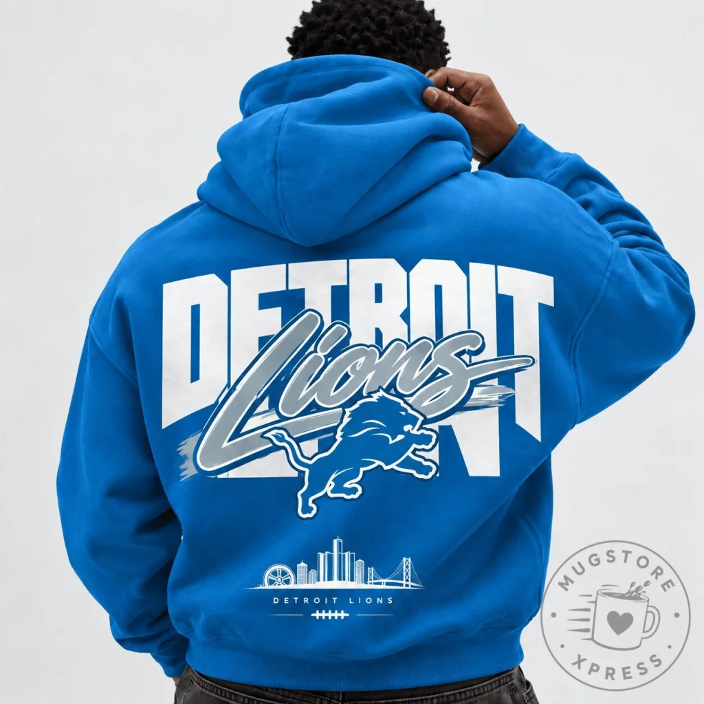 Detroit Lions Fan Blue Hoodie with Skyline and Team Logo Detroit Lions Fan Blue Hoodie with Skyline and Team Logo